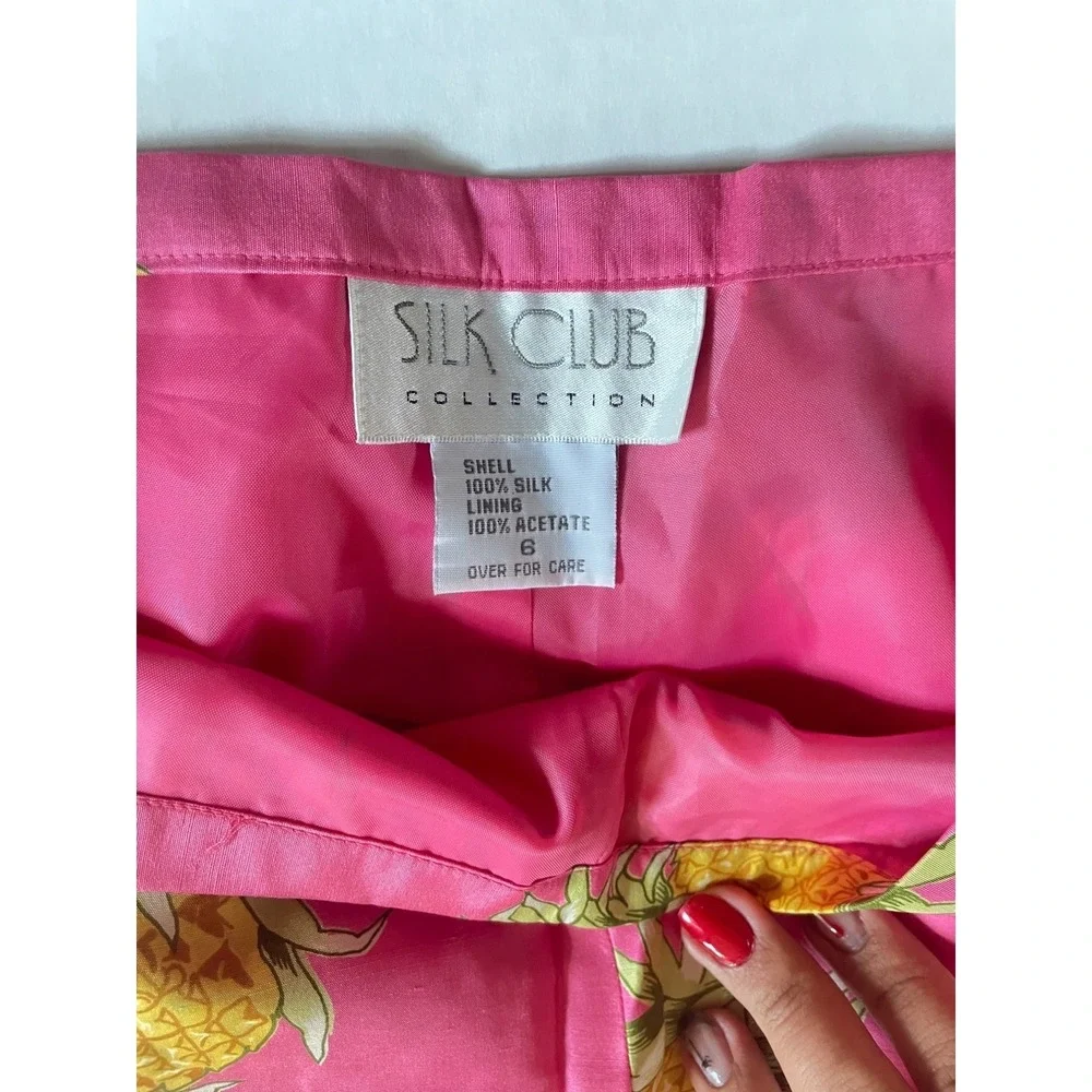 Pink Pineapple Print Silk Pants Tropical Vintage‎ Y2K Resort Wide Leg Size 6